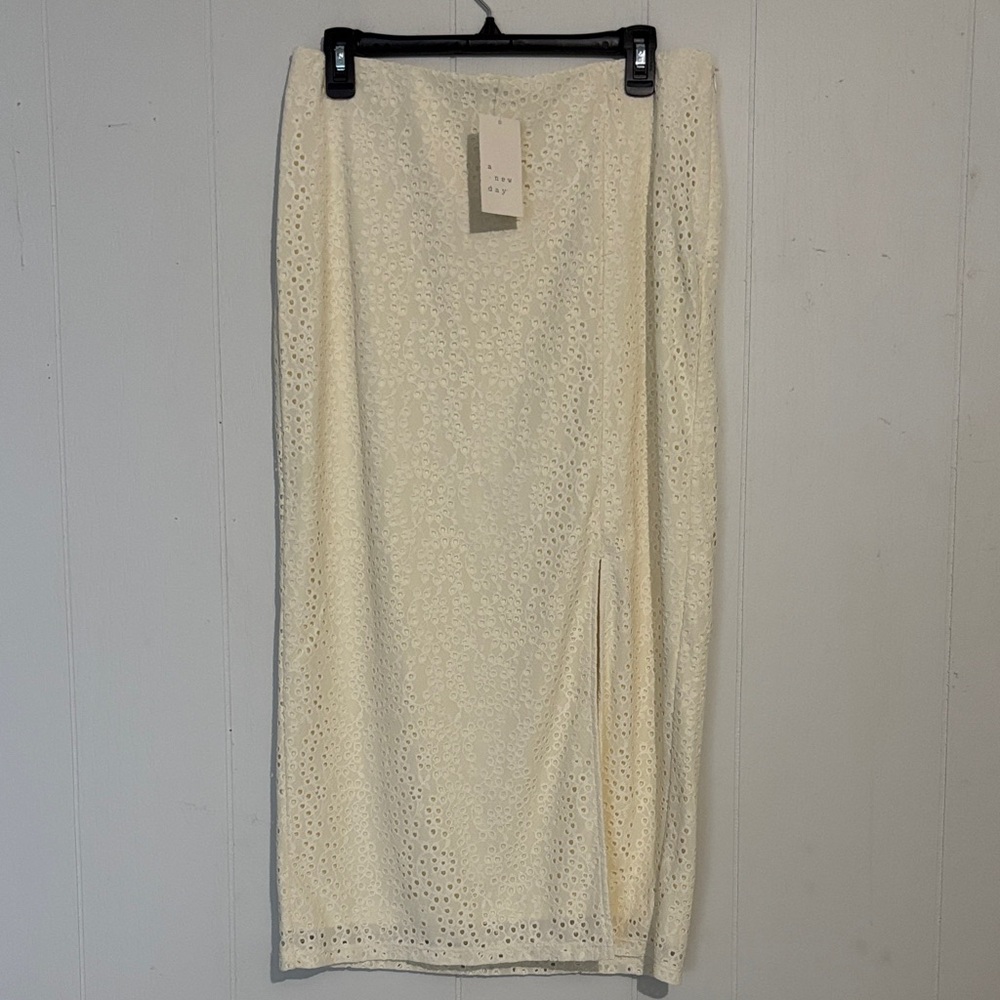 a new day Cream Eyelet Midi Skirt with Side Slit